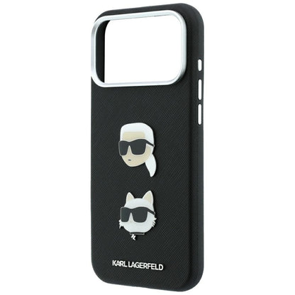 Funda para Apple iPhone 18 Pro / 17 Pro, Karl Lagerfeld, Saffiano con pin de las cabezas de Karl y Choupette y logotipo, negra