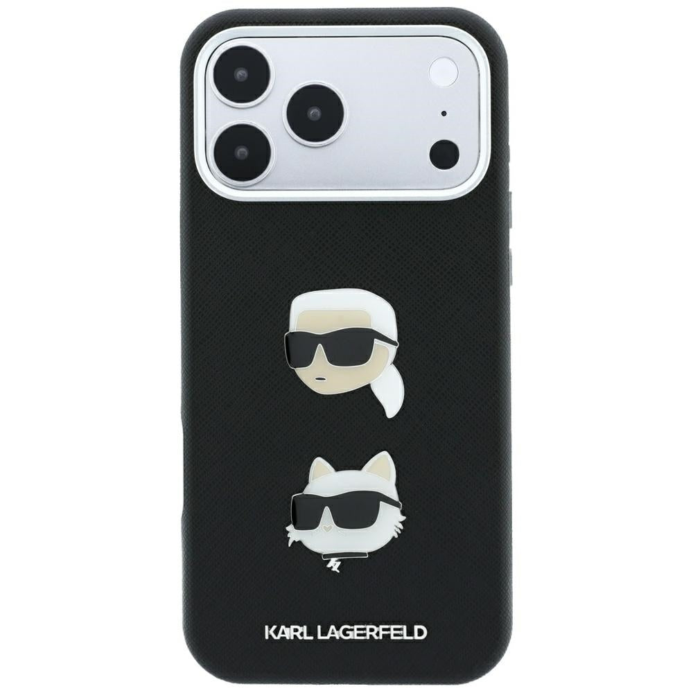 Funda para Apple iPhone 18 Pro / 17 Pro, Karl Lagerfeld, Saffiano con pin de las cabezas de Karl y Choupette y logotipo, negra