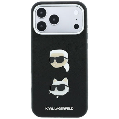 Funda para Apple iPhone 18 Pro / 17 Pro, Karl Lagerfeld, Saffiano con pin de las cabezas de Karl y Choupette y logotipo, negra
