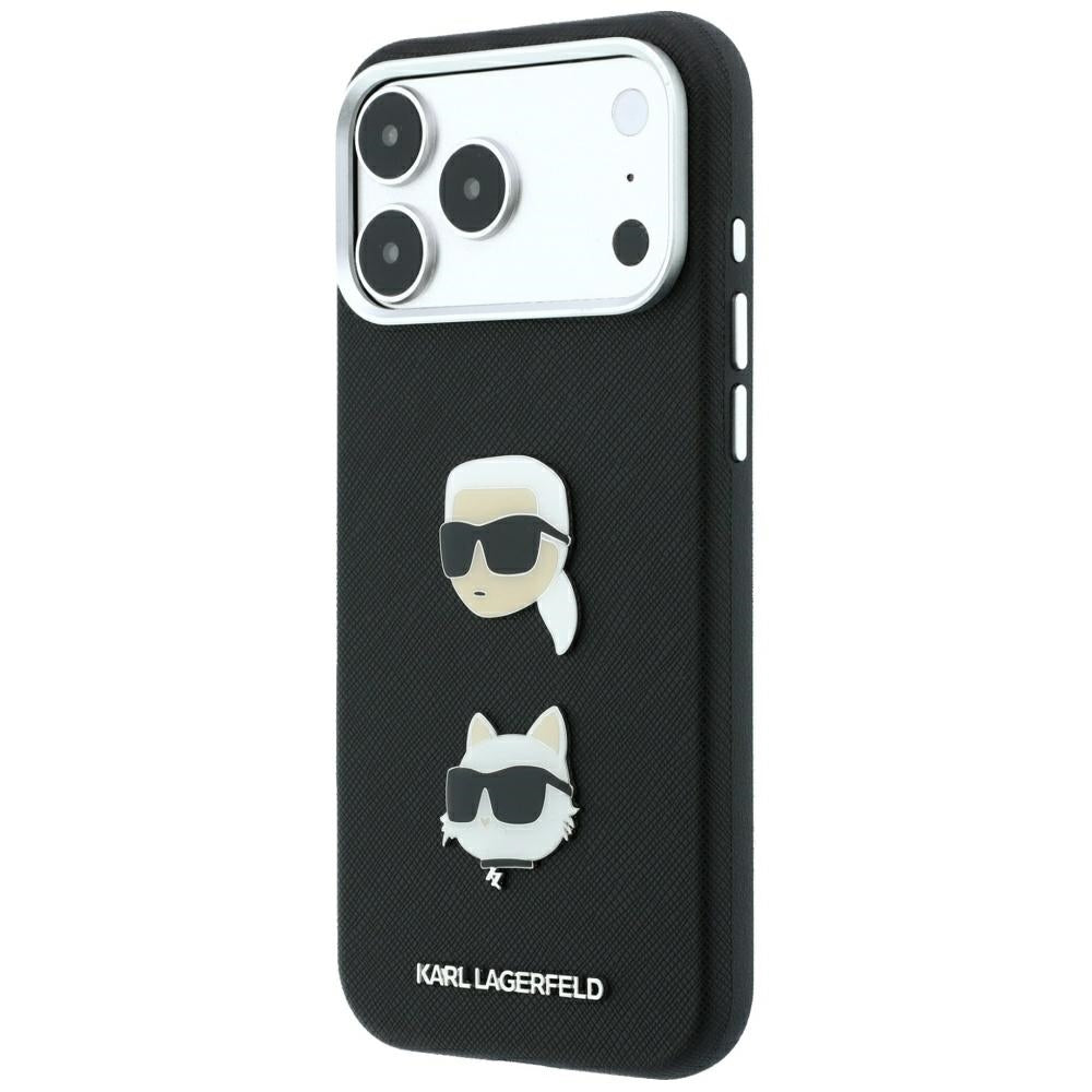 Funda para Apple iPhone 18 Pro / 17 Pro, Karl Lagerfeld, Saffiano con pin de las cabezas de Karl y Choupette y logotipo, negra