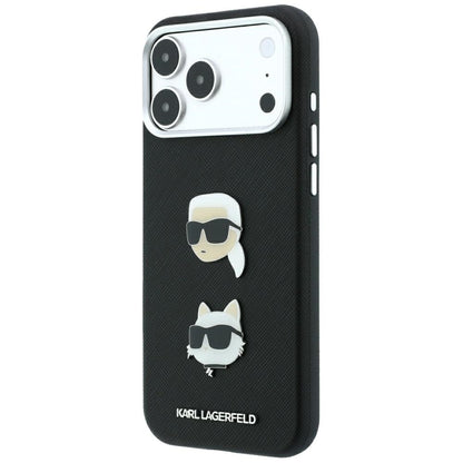 Funda para Apple iPhone 18 Pro / 17 Pro, Karl Lagerfeld, Saffiano con pin de las cabezas de Karl y Choupette y logotipo, negra