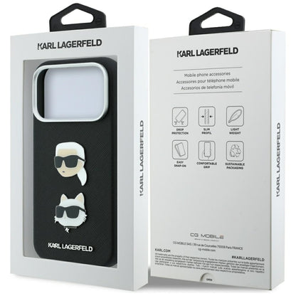Funda para Apple iPhone 18 Pro / 17 Pro, Karl Lagerfeld, Saffiano con pin de las cabezas de Karl y Choupette y logotipo, negra