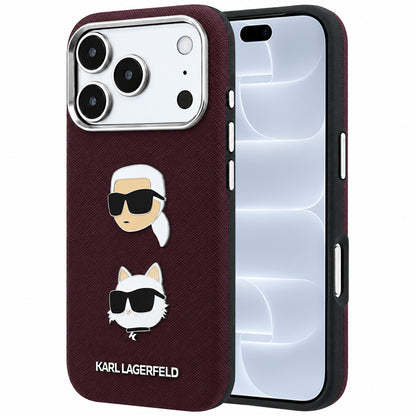 Funda para Apple iPhone 18 Pro / 17 Pro, Karl Lagerfeld, Saffiano con Pin de Cabeza de Karl & Choupette y Logo, Burdeos