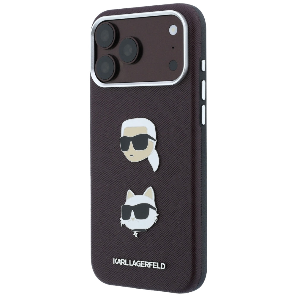 Funda para Apple iPhone 18 Pro / 17 Pro, Karl Lagerfeld, Saffiano con Pin de Cabeza de Karl & Choupette y Logo, Burdeos