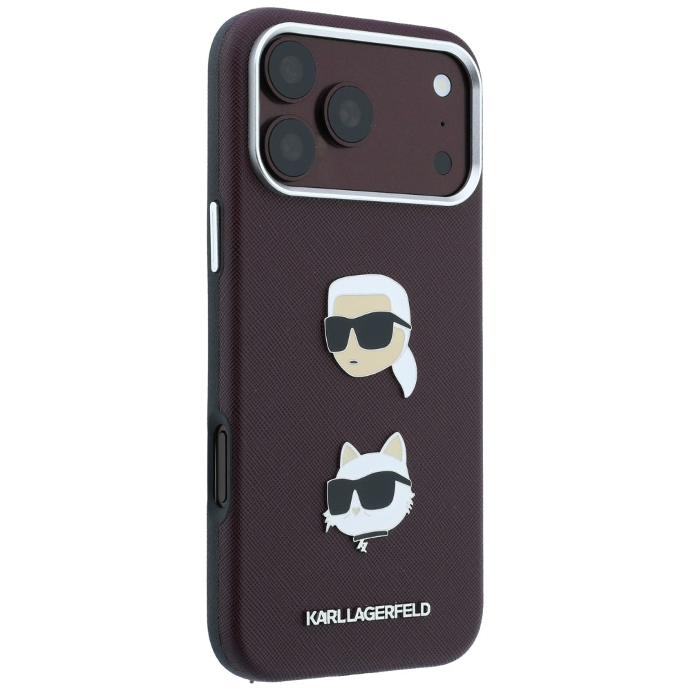 Funda para Apple iPhone 18 Pro / 17 Pro, Karl Lagerfeld, Saffiano con Pin de Cabeza de Karl & Choupette y Logo, Burdeos