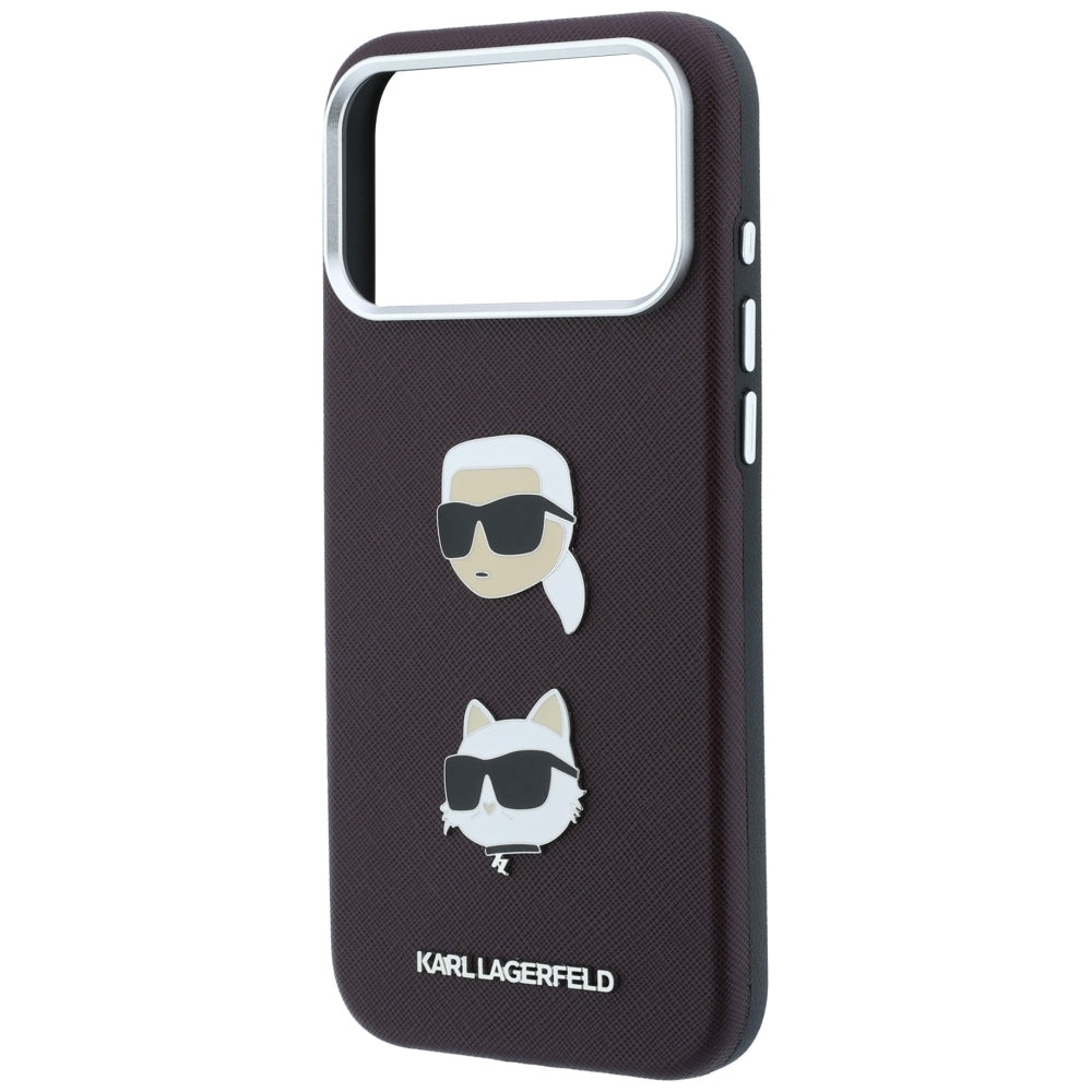 Funda para Apple iPhone 18 Pro / 17 Pro, Karl Lagerfeld, Saffiano con Pin de Cabeza de Karl & Choupette y Logo, Burdeos