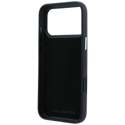 Funda para Apple iPhone 18 Pro / 17 Pro, Karl Lagerfeld, Saffiano con Pin de Cabeza de Karl & Choupette y Logo, Burdeos