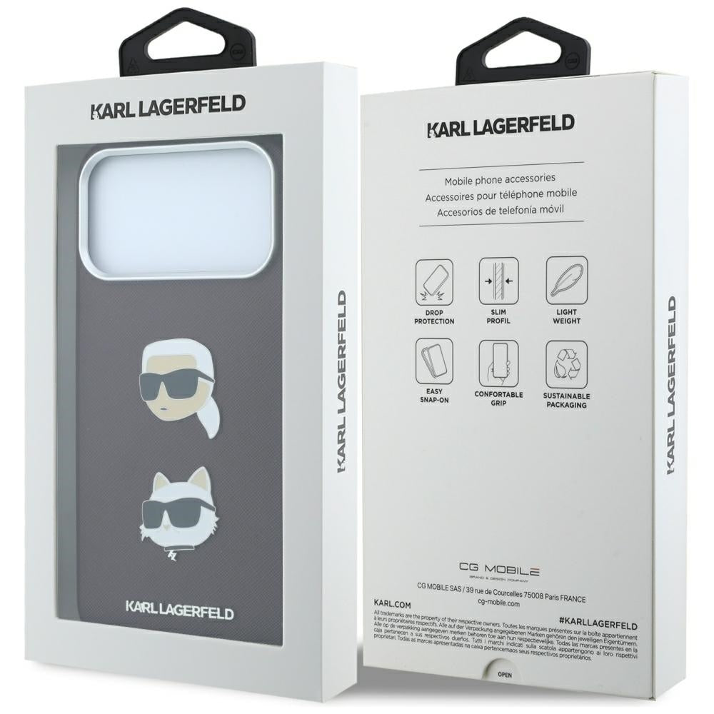 Funda para Apple iPhone 18 Pro / 17 Pro, Karl Lagerfeld, Saffiano con Pin de Cabeza de Karl & Choupette y Logo, Burdeos