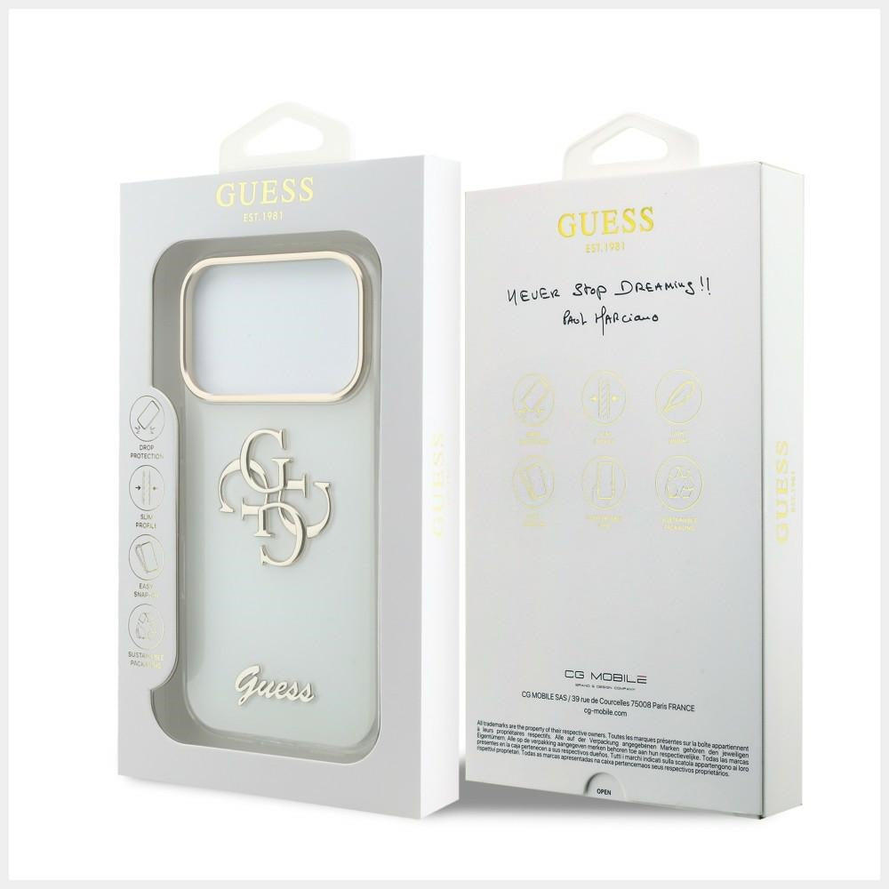 Funda para Apple iPhone 18 Pro, Guess, IML 4G Metal Script, Blanca