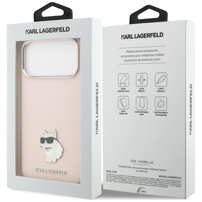 Funda para Apple iPhone 18 Pro Max / 17 Pro Max, Karl Lagerfeld, Choupette Metal Pin, rosa