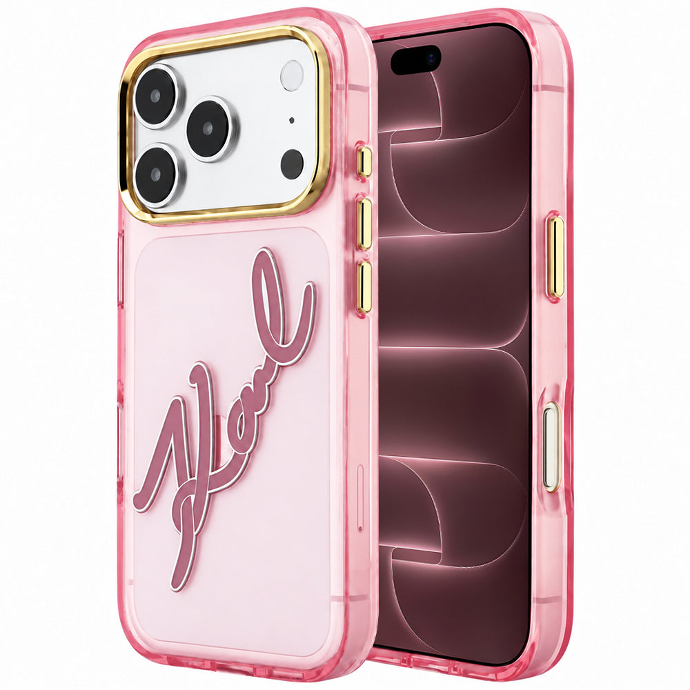 Funda para Apple iPhone 18 Pro Max / 17 Pro Max, Karl Lagerfeld, IML Big Signature Resin Logo Metal Frame, Rosa