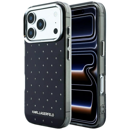 Funda para Apple iPhone 18 Pro Max / 17 Pro Max, Karl Lagerfeld, IML con piedras de strass y logo electrochapado, Negra