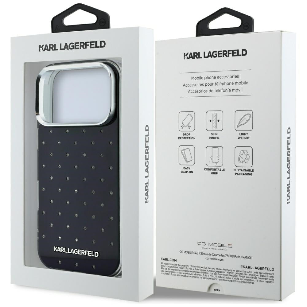 Funda para Apple iPhone 18 Pro Max / 17 Pro Max, Karl Lagerfeld, IML con piedras de strass y logo electrochapado, Negra