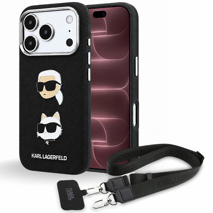 Funda para Apple iPhone 18 Pro Max / 17 Pro Max, Karl Lagerfeld, Saffiano Crossbody Karl & Choupette Head's Pins Logo, negra