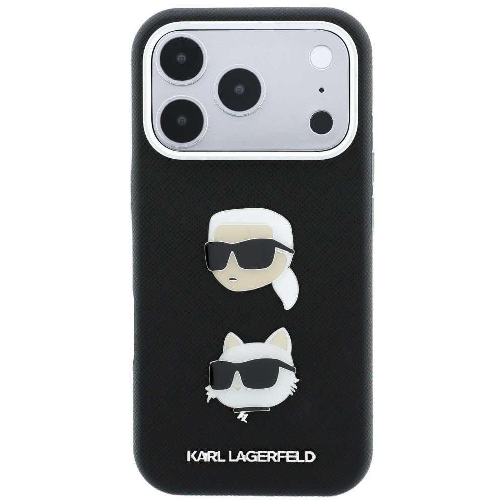 Funda para Apple iPhone 18 Pro Max / 17 Pro Max, Karl Lagerfeld, Saffiano Crossbody Karl & Choupette Head's Pins Logo, negra