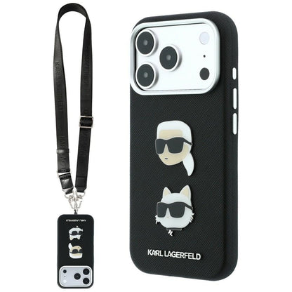 Funda para Apple iPhone 18 Pro Max / 17 Pro Max, Karl Lagerfeld, Saffiano Crossbody Karl & Choupette Head's Pins Logo, negra