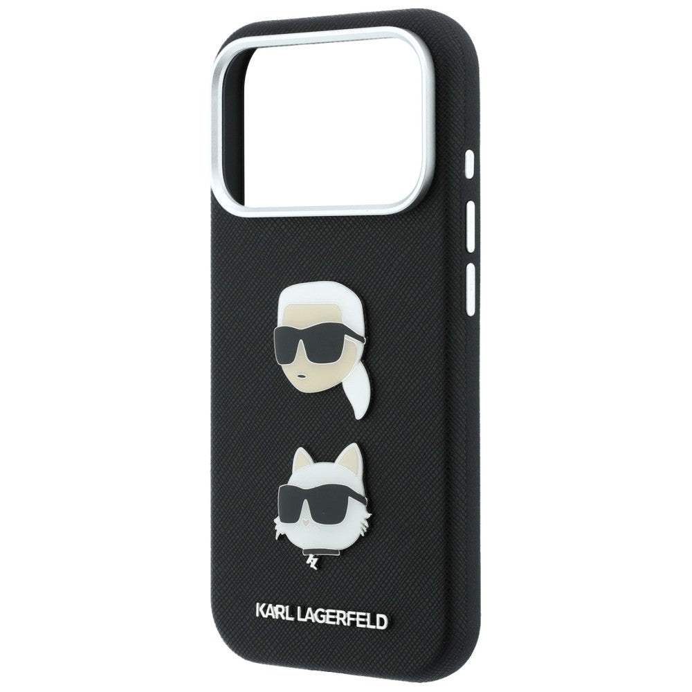 Funda para Apple iPhone 18 Pro Max / 17 Pro Max, Karl Lagerfeld, Saffiano Crossbody Karl & Choupette Head's Pins Logo, negra