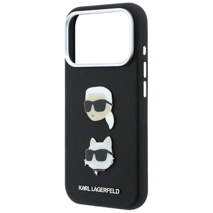 Funda para Apple iPhone 18 Pro Max / 17 Pro Max, Karl Lagerfeld, Saffiano Crossbody Karl & Choupette Head's Pins Logo, negra