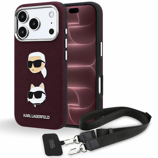 Funda para Apple iPhone 18 Pro Max / 17 Pro Max, Karl Lagerfeld, Saffiano Crossbody Karl & Choupette Head's Pins Logo, color burdeos