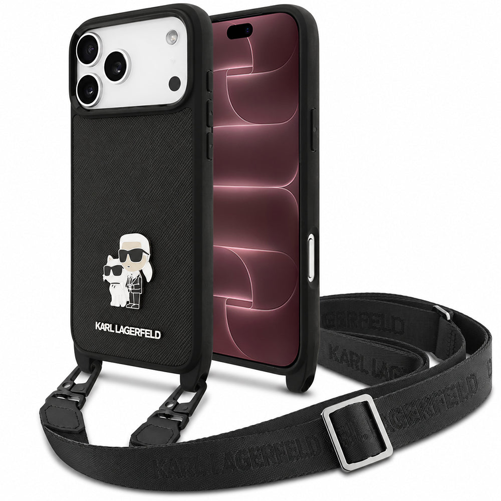 Funda para Apple iPhone 18 Pro Max / 17 Pro Max, Karl Lagerfeld, Saffiano Crossbody Metal Pin Karl & Choupette, negra