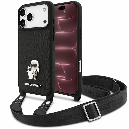 Funda para Apple iPhone 18 Pro Max / 17 Pro Max, Karl Lagerfeld, Saffiano Crossbody Metal Pin Karl & Choupette, negra