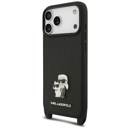 Funda para Apple iPhone 18 Pro Max / 17 Pro Max, Karl Lagerfeld, Saffiano Crossbody Metal Pin Karl & Choupette, negra