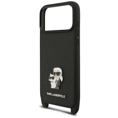 Funda para Apple iPhone 18 Pro Max / 17 Pro Max, Karl Lagerfeld, Saffiano Crossbody Metal Pin Karl & Choupette, negra