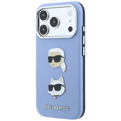 Funda para Apple iPhone 18 Pro Max / 17 Pro Max, Karl Lagerfeld, Saffiano con Pin de Cabeza de Karl & Choupette y Logo, Azul