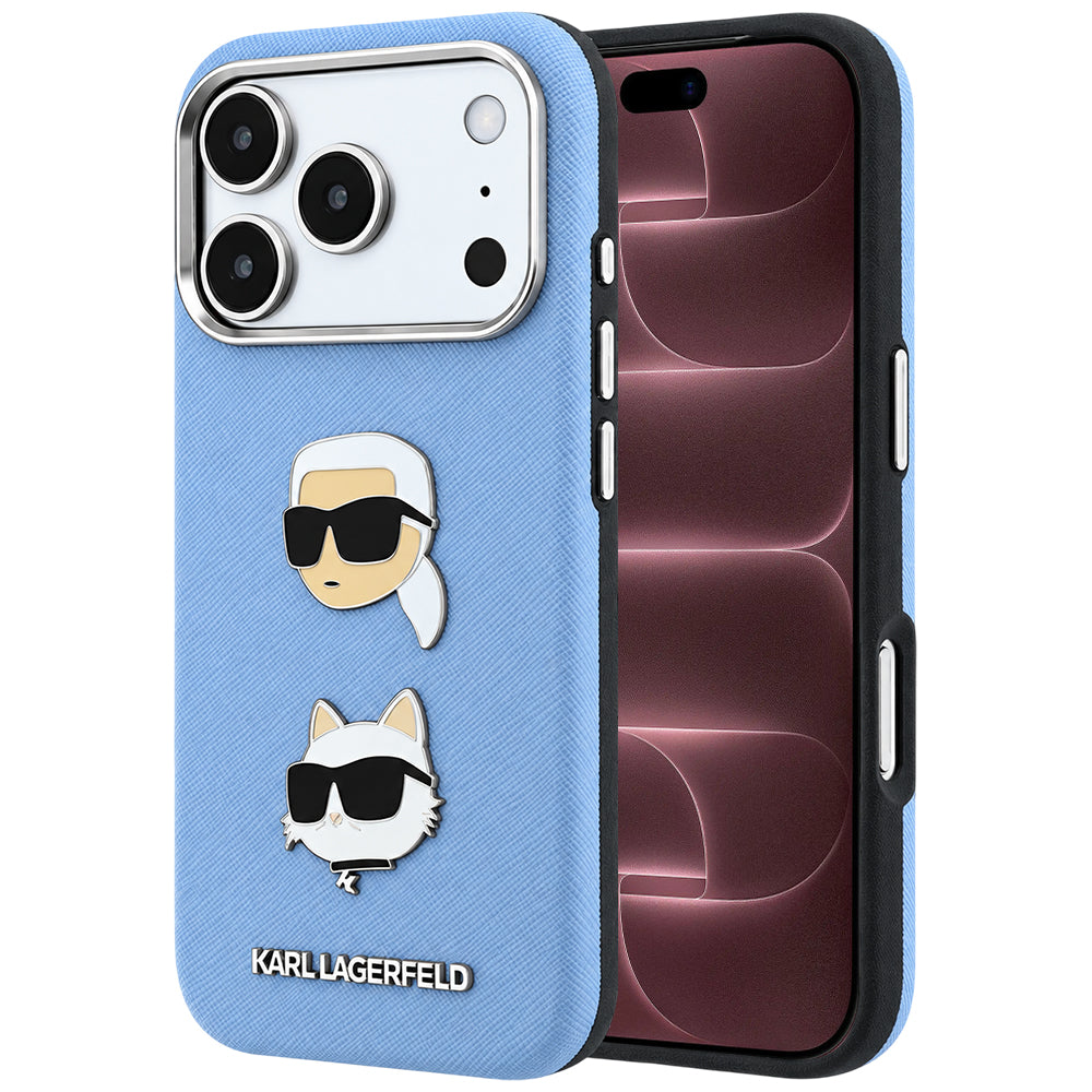 Funda para Apple iPhone 18 Pro Max / 17 Pro Max, Karl Lagerfeld, Saffiano con Pin de Cabeza de Karl & Choupette y Logo, Azul