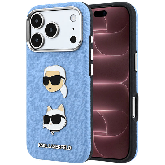 Funda para Apple iPhone 18 Pro Max / 17 Pro Max, Karl Lagerfeld, Saffiano con Pin de Cabeza de Karl & Choupette y Logo, Azul