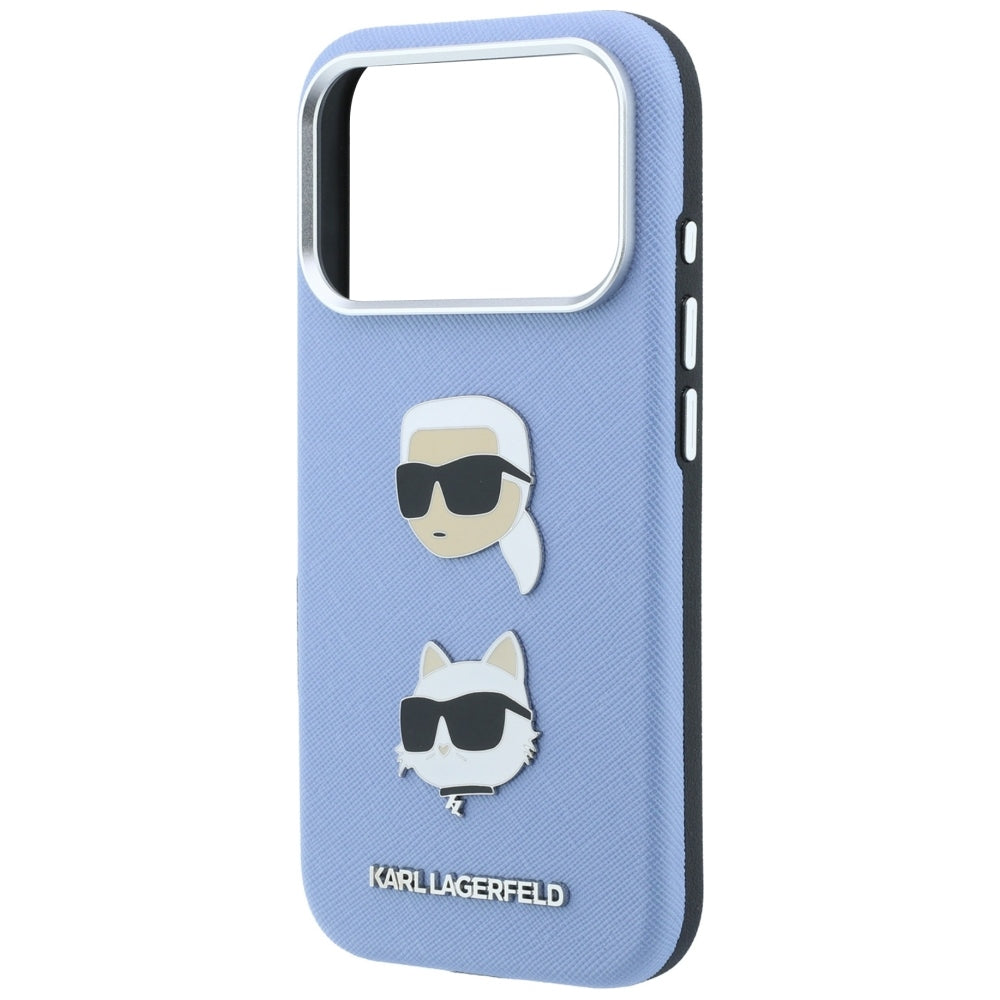 Funda para Apple iPhone 18 Pro Max / 17 Pro Max, Karl Lagerfeld, Saffiano con Pin de Cabeza de Karl & Choupette y Logo, Azul