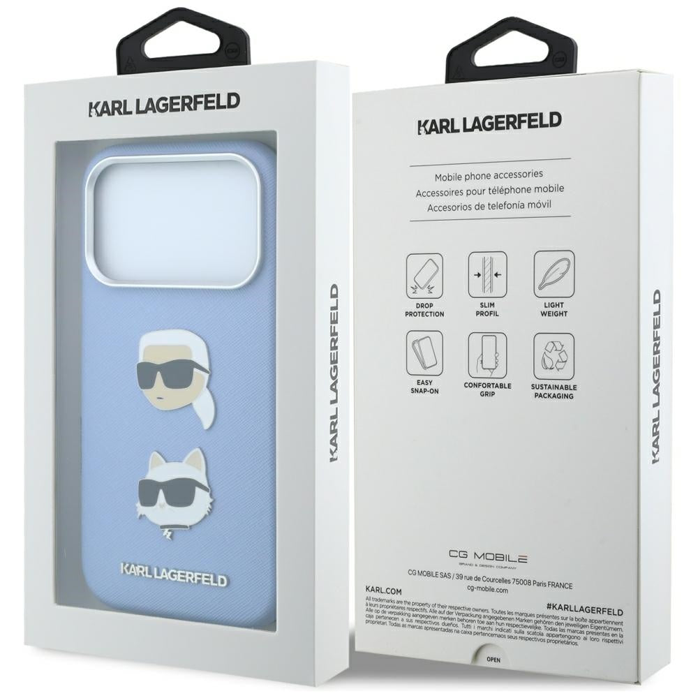 Funda para Apple iPhone 18 Pro Max / 17 Pro Max, Karl Lagerfeld, Saffiano con Pin de Cabeza de Karl & Choupette y Logo, Azul