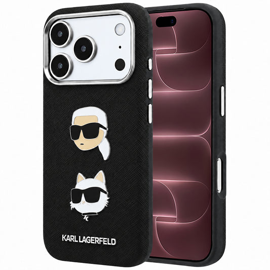 Funda para Apple iPhone 18 Pro Max / 17 Pro Max, Karl Lagerfeld, Saffiano con Pin de Cabeza de Karl & Choupette y Logo, Negra