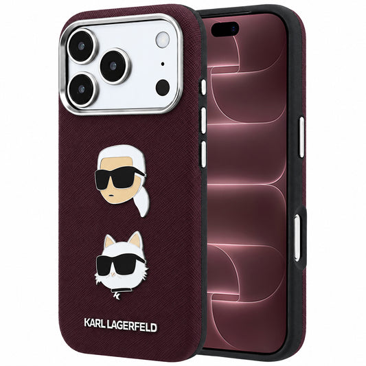 Funda para Apple iPhone 18 Pro Max / 17 Pro Max, Karl Lagerfeld, Saffiano con Pin de Cabeza de Karl & Choupette y Logo, Burdeos