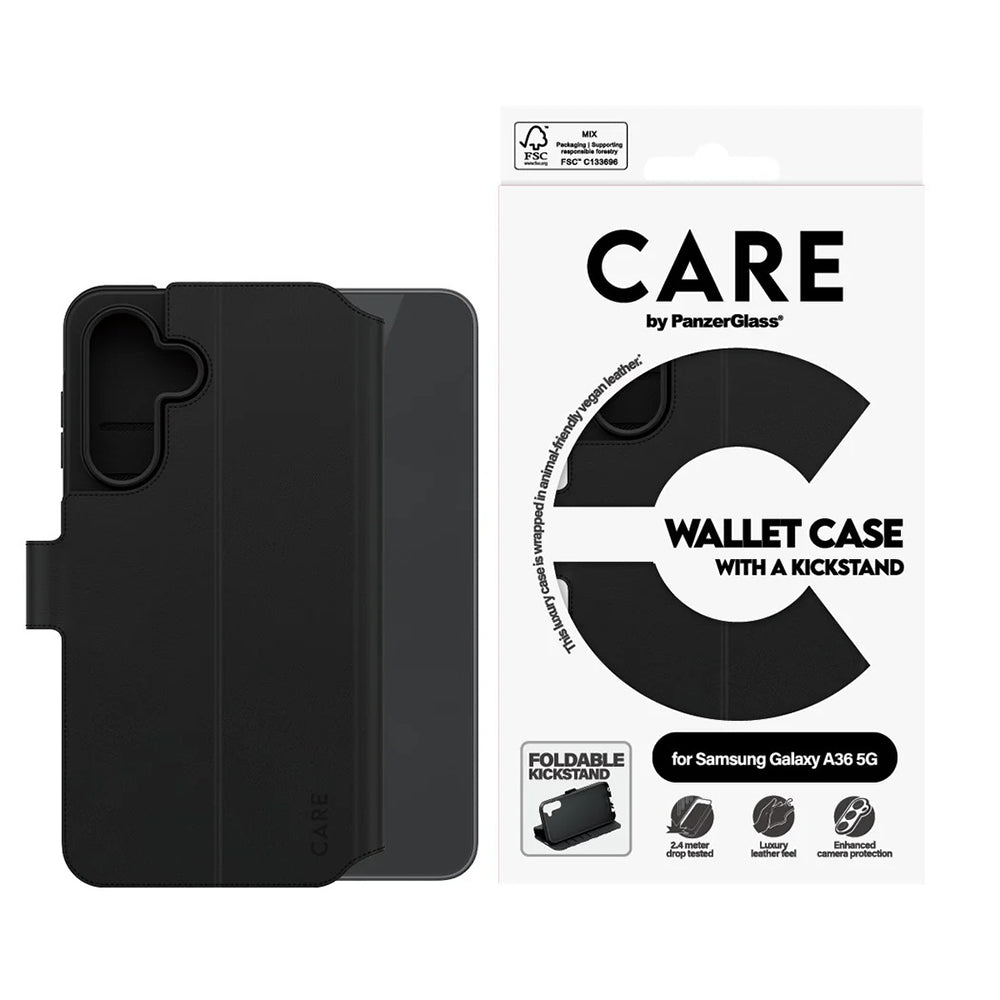 Funda para Samsung Galaxy A36 A366, PanzerGlass, con característica de soporte tipo cartera, Negra