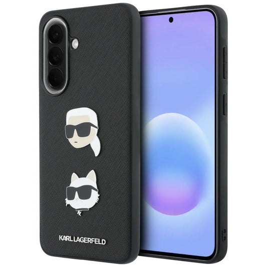 Funda para Samsung Galaxy A37 5G, Karl Lagerfeld, Pins con cabezas de Karl y Choupette en relieve y logo, Negra