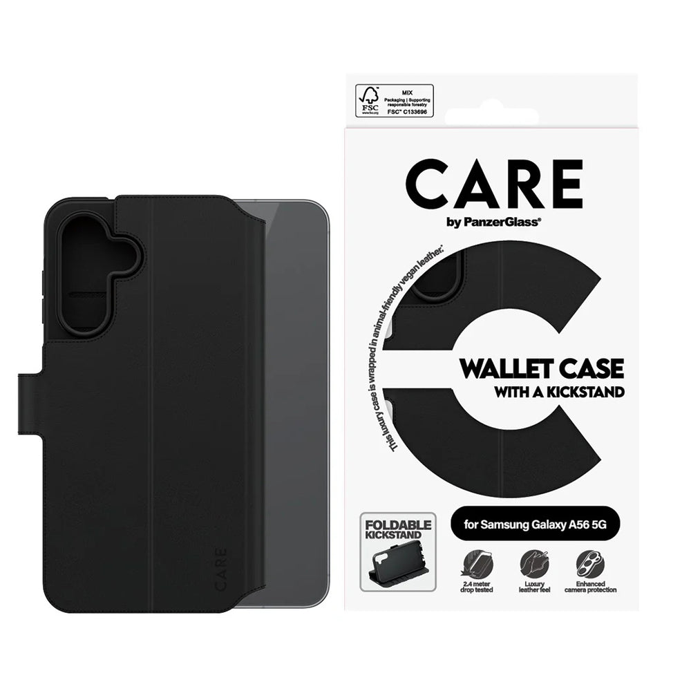 Funda para Samsung Galaxy A56 A566, PanzerGlass, con característica de soporte tipo cartera, Negra