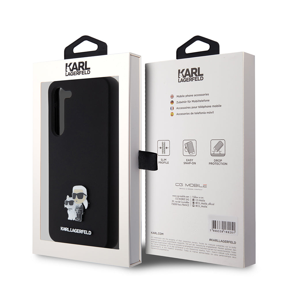 Funda para Samsung Galaxy S23+ S916, Karl Lagerfeld, Silicona Karl & Choupette Metal, Negra