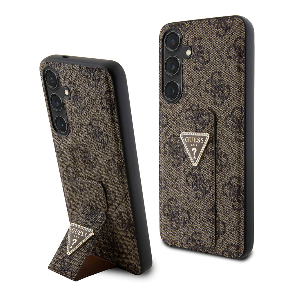 Funda para Samsung Galaxy S24 S921, Guess, Grip Stand 4G Triangle Strass, Marrón