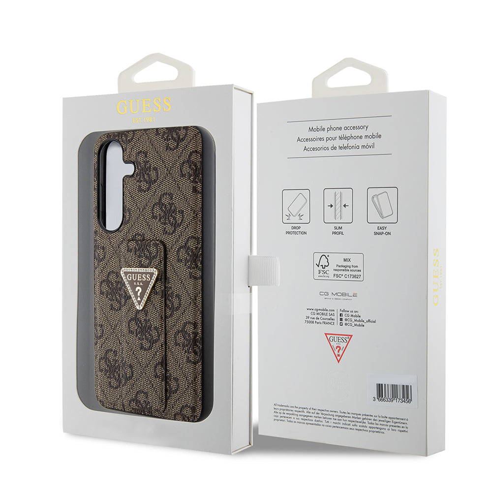 Funda para Samsung Galaxy S24 S921, Guess, Grip Stand 4G Triangle Strass, Marrón