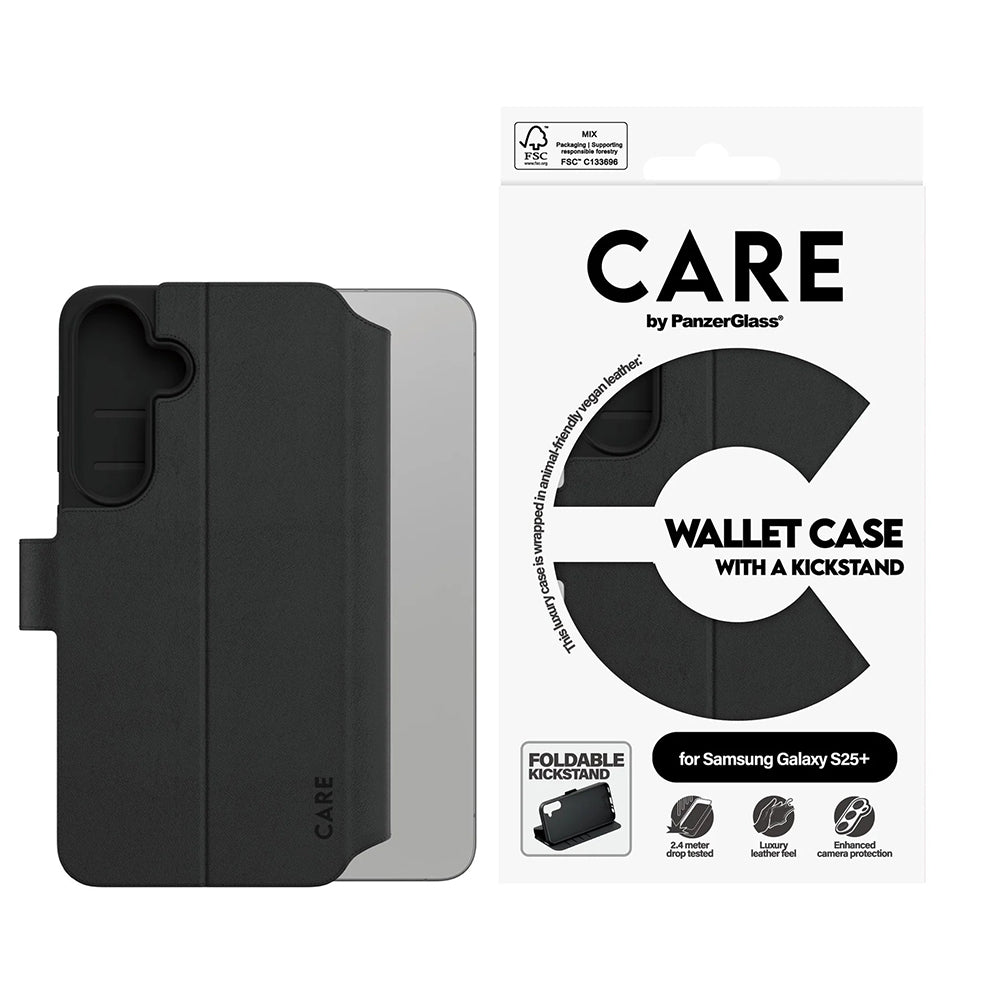 Funda para Samsung Galaxy S25+ S936, PanzerGlass, Care Feature Kickstand Wallet, Negra
