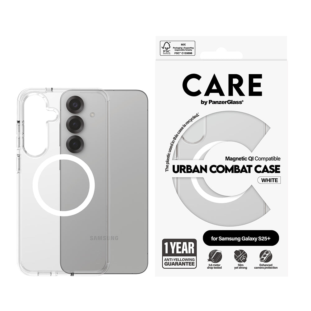 Funda para Samsung Galaxy S25+ S936, PanzerGlass, Care Urban Combat, Transparente Blanca