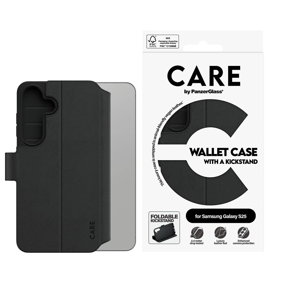 Funda para Samsung Galaxy S25 S931, PanzerGlass, Care Feature Kickstand Wallet, Negra
