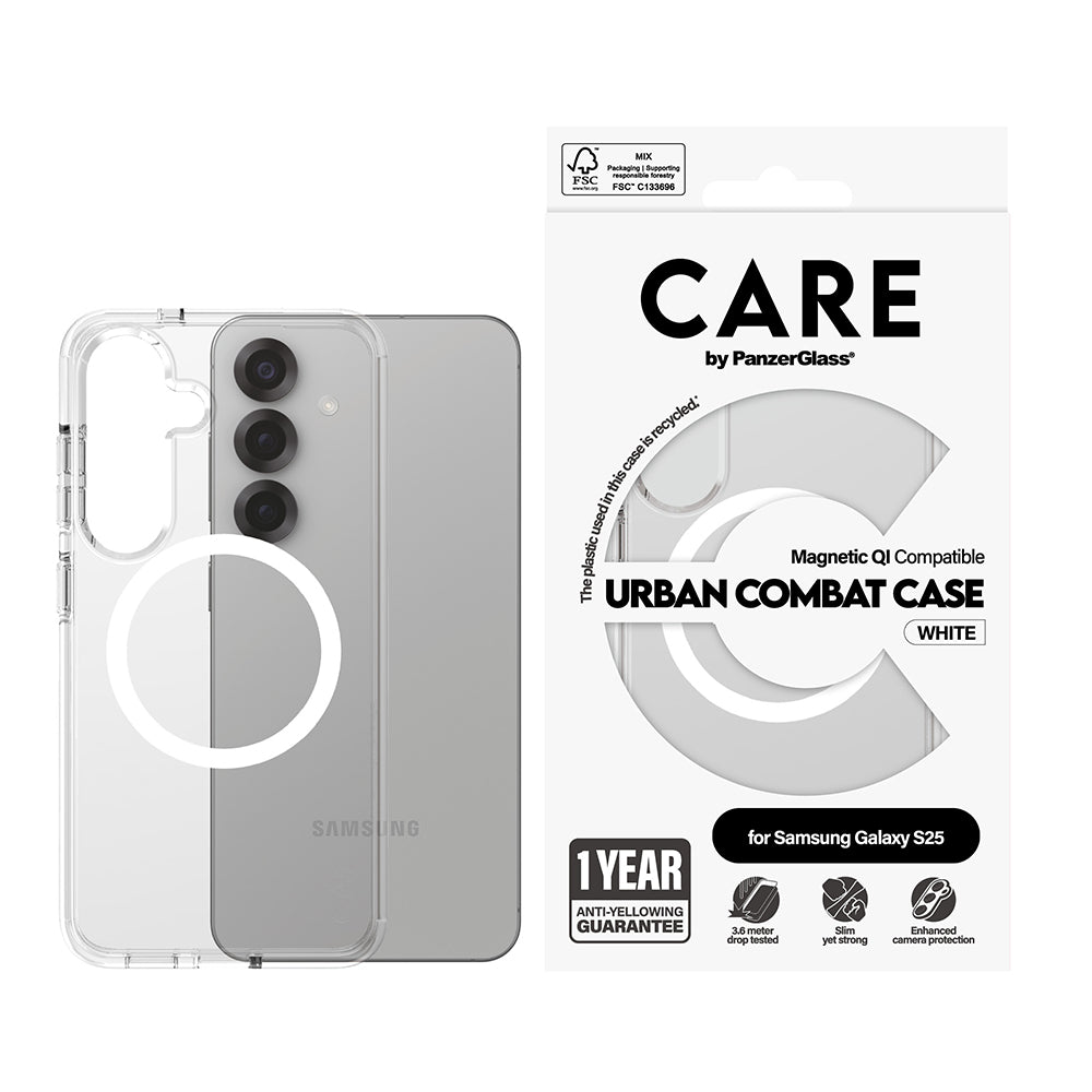 Funda para Samsung Galaxy S25 S931, PanzerGlass, Care Urban Combat, Transparente Blanca