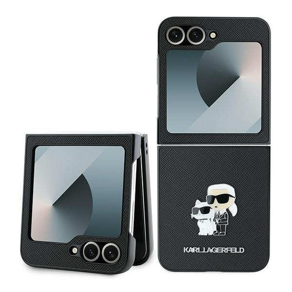 Funda para Samsung Galaxy Z Flip7 FE F761 / Z Flip6 F741, Karl Lagerfeld, Saffiano Karl & Choupette Metal, Negra