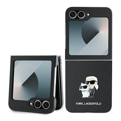 Funda para Samsung Galaxy Z Flip7 FE F761 / Z Flip6 F741, Karl Lagerfeld, Saffiano Karl & Choupette Metal, Negra