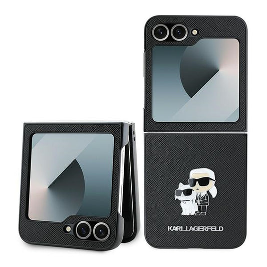 Funda para Samsung Galaxy Z Flip7 FE F761 / Z Flip6 F741, Karl Lagerfeld, Saffiano Karl & Choupette Metal, Negra