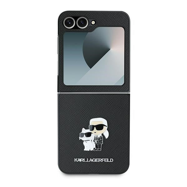 Funda para Samsung Galaxy Z Flip7 FE F761 / Z Flip6 F741, Karl Lagerfeld, Saffiano Karl & Choupette Metal, Negra