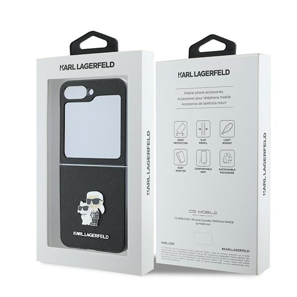 Funda para Samsung Galaxy Z Flip7 FE F761 / Z Flip6 F741, Karl Lagerfeld, Saffiano Karl & Choupette Metal, Negra