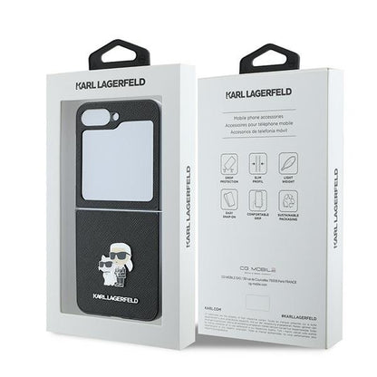 Funda para Samsung Galaxy Z Flip7 FE F761 / Z Flip6 F741, Karl Lagerfeld, Saffiano Karl & Choupette Metal, Negra